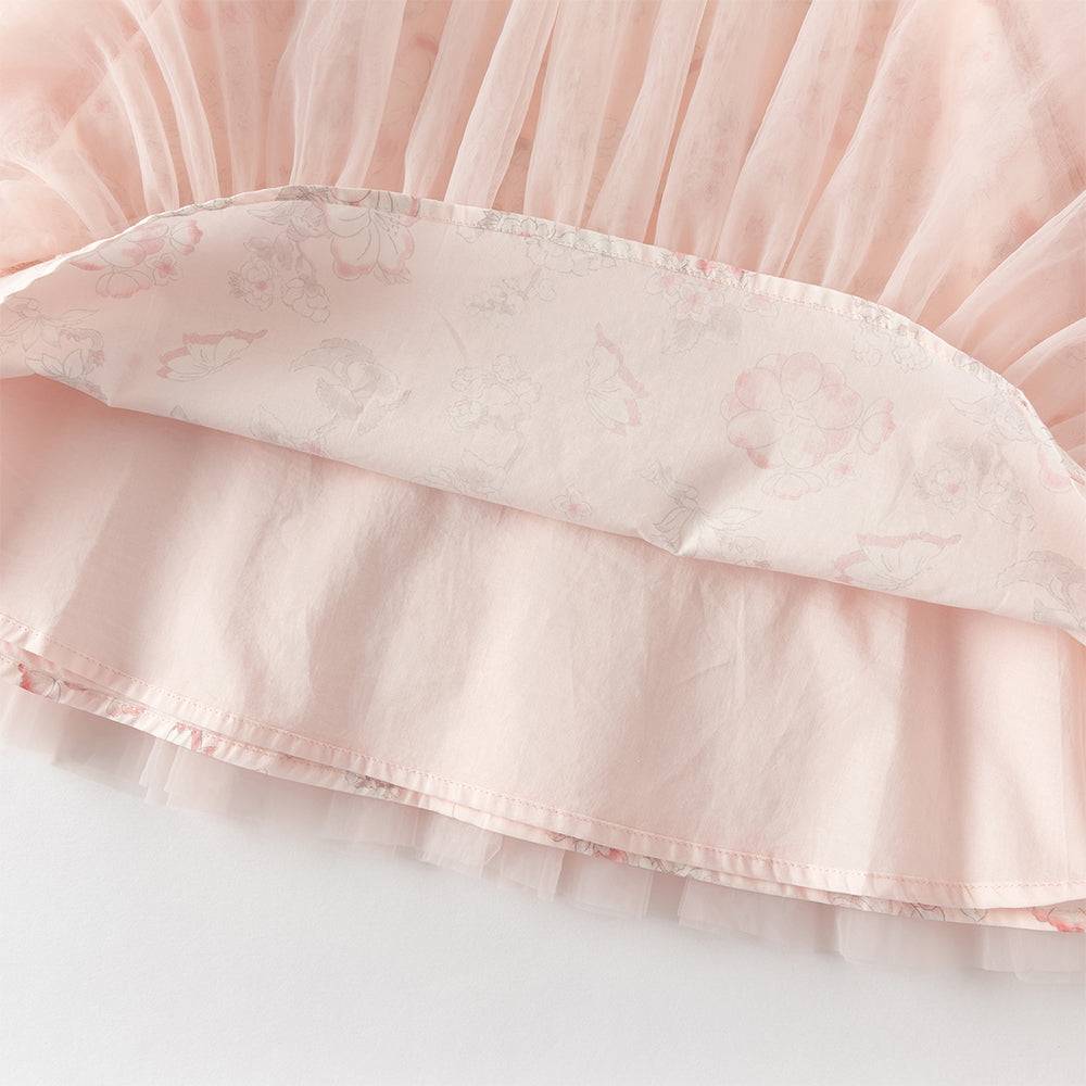 فستان بنات بأكمام طويلة من التول بطباعة زهرية، أسلوب صيني عصري