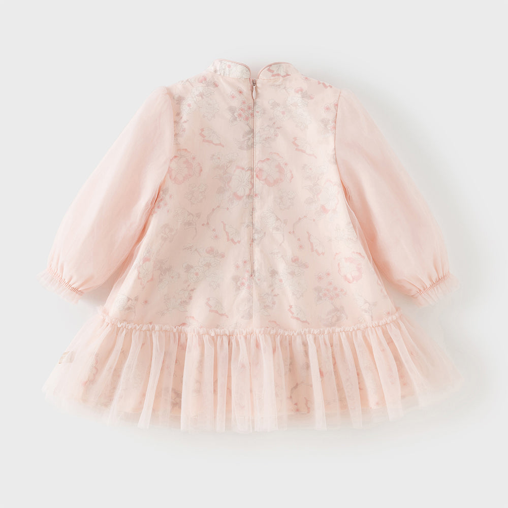 فستان بنات بأكمام طويلة من التول بطباعة زهرية، أسلوب صيني عصري