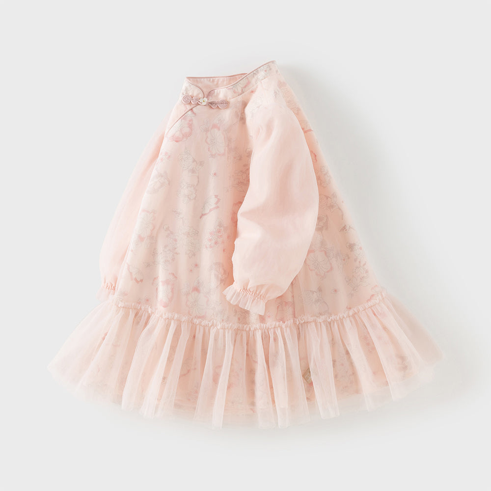 فستان بنات بأكمام طويلة من التول بطباعة زهرية، أسلوب صيني عصري