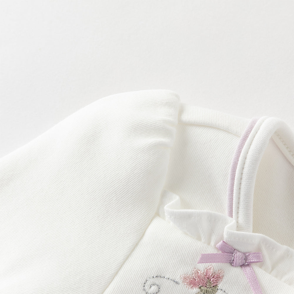 رومبر قطن مزيج رمادي بنفسجي للبنات - رومبر مزخرف بتطريز زهري مع حواف مكشكشة وإغلاق بأزرار