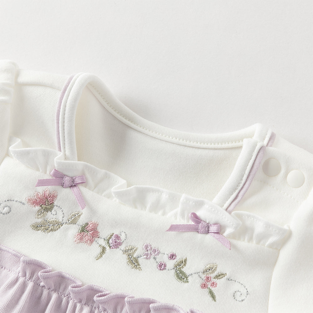 رومبر قطن مزيج رمادي بنفسجي للبنات - رومبر مزخرف بتطريز زهري مع حواف مكشكشة وإغلاق بأزرار