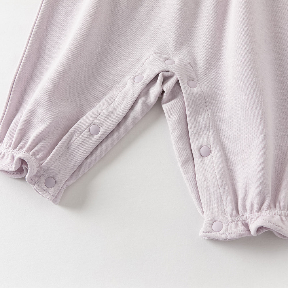 رومبر قطن مزيج رمادي بنفسجي للبنات - رومبر مزخرف بتطريز زهري مع حواف مكشكشة وإغلاق بأزرار