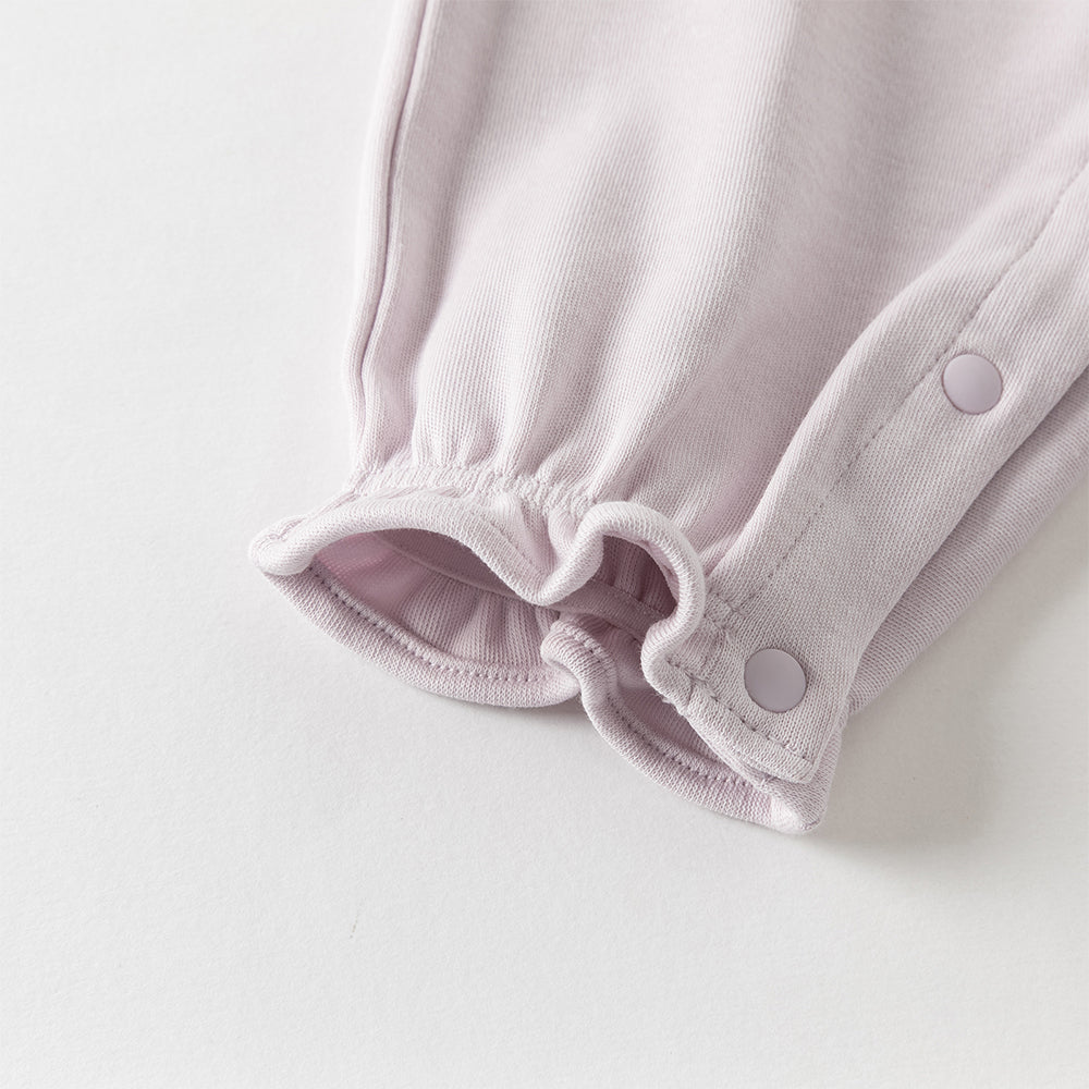 رومبر قطن مزيج رمادي بنفسجي للبنات - رومبر مزخرف بتطريز زهري مع حواف مكشكشة وإغلاق بأزرار