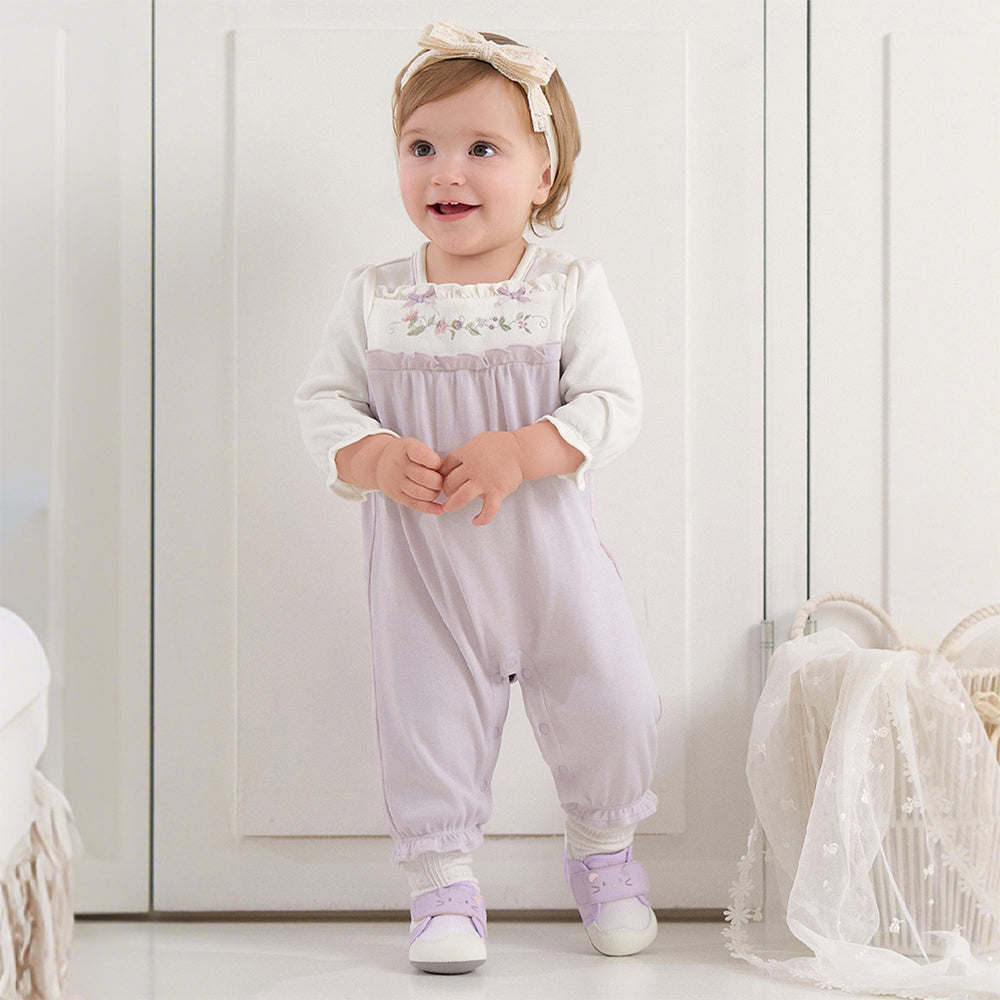 رومبر قطن مزيج رمادي بنفسجي للبنات - رومبر مزخرف بتطريز زهري مع حواف مكشكشة وإغلاق بأزرار