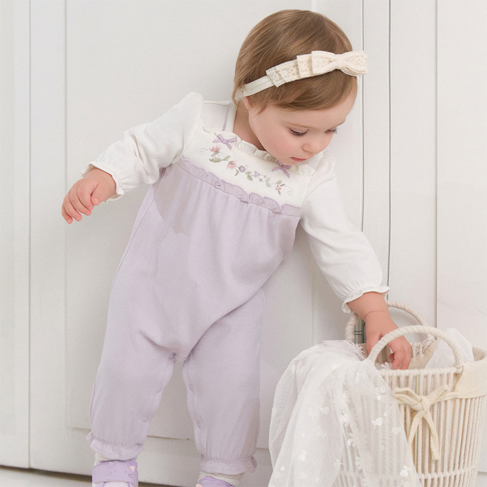 رومبر قطن مزيج رمادي بنفسجي للبنات - رومبر مزخرف بتطريز زهري مع حواف مكشكشة وإغلاق بأزرار