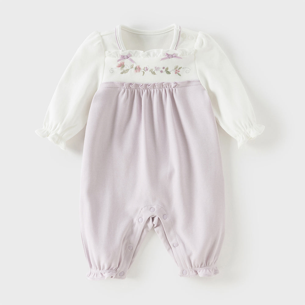 رومبر قطن مزيج رمادي بنفسجي للبنات - رومبر مزخرف بتطريز زهري مع حواف مكشكشة وإغلاق بأزرار