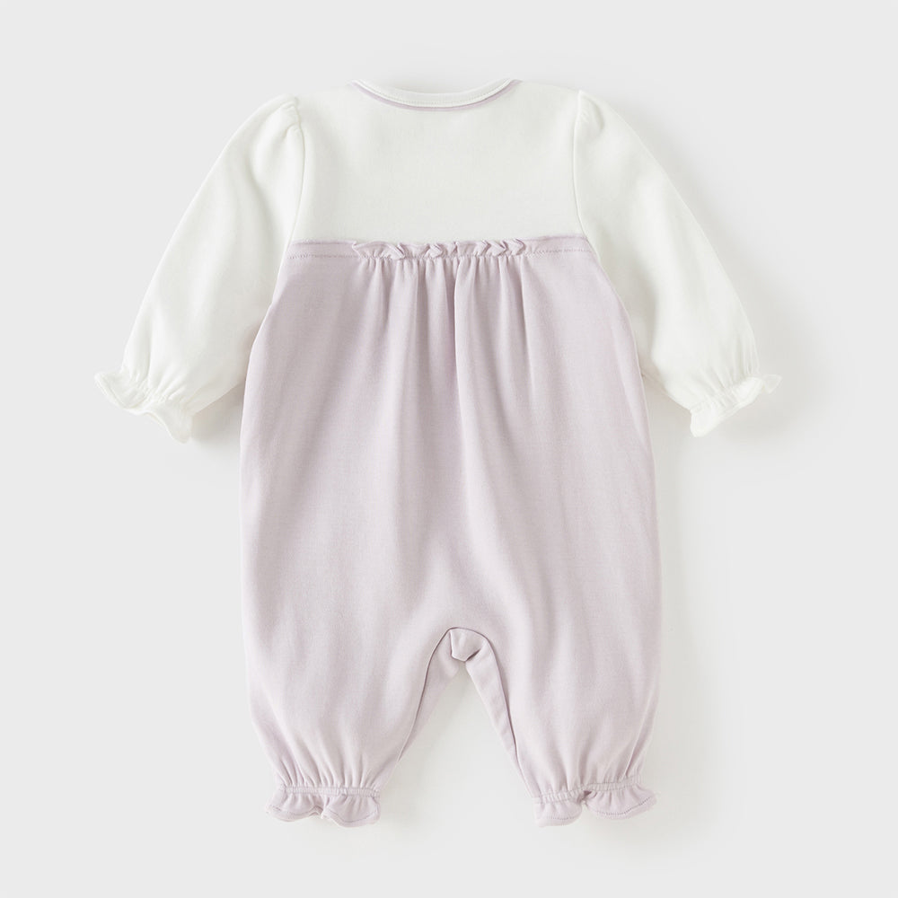 رومبر قطن مزيج رمادي بنفسجي للبنات - رومبر مزخرف بتطريز زهري مع حواف مكشكشة وإغلاق بأزرار