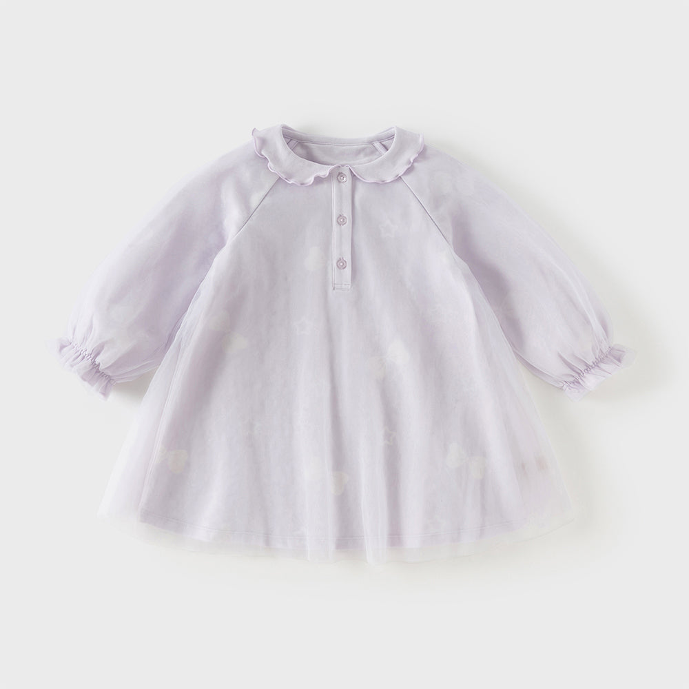 فستان تول بنفسجي طويل الأكمام للبنات، أنيق وعصري (يشمل قبعة)