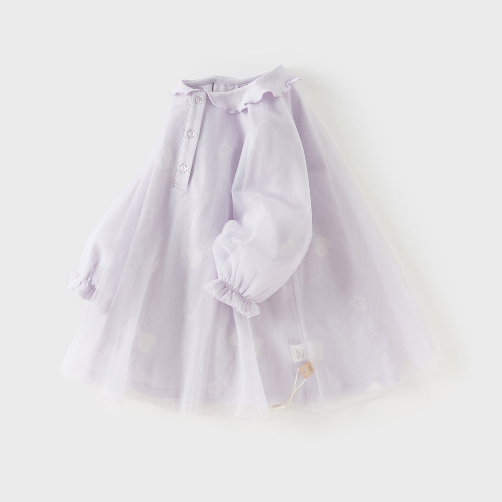 فستان تول بنفسجي طويل الأكمام للبنات، أنيق وعصري (يشمل قبعة)