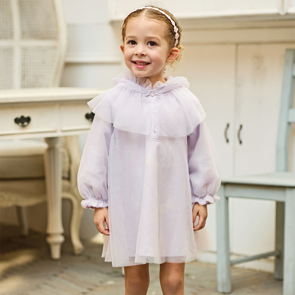 فستان تول بنفسجي طويل الأكمام للبنات، أنيق وعصري (يشمل قبعة)