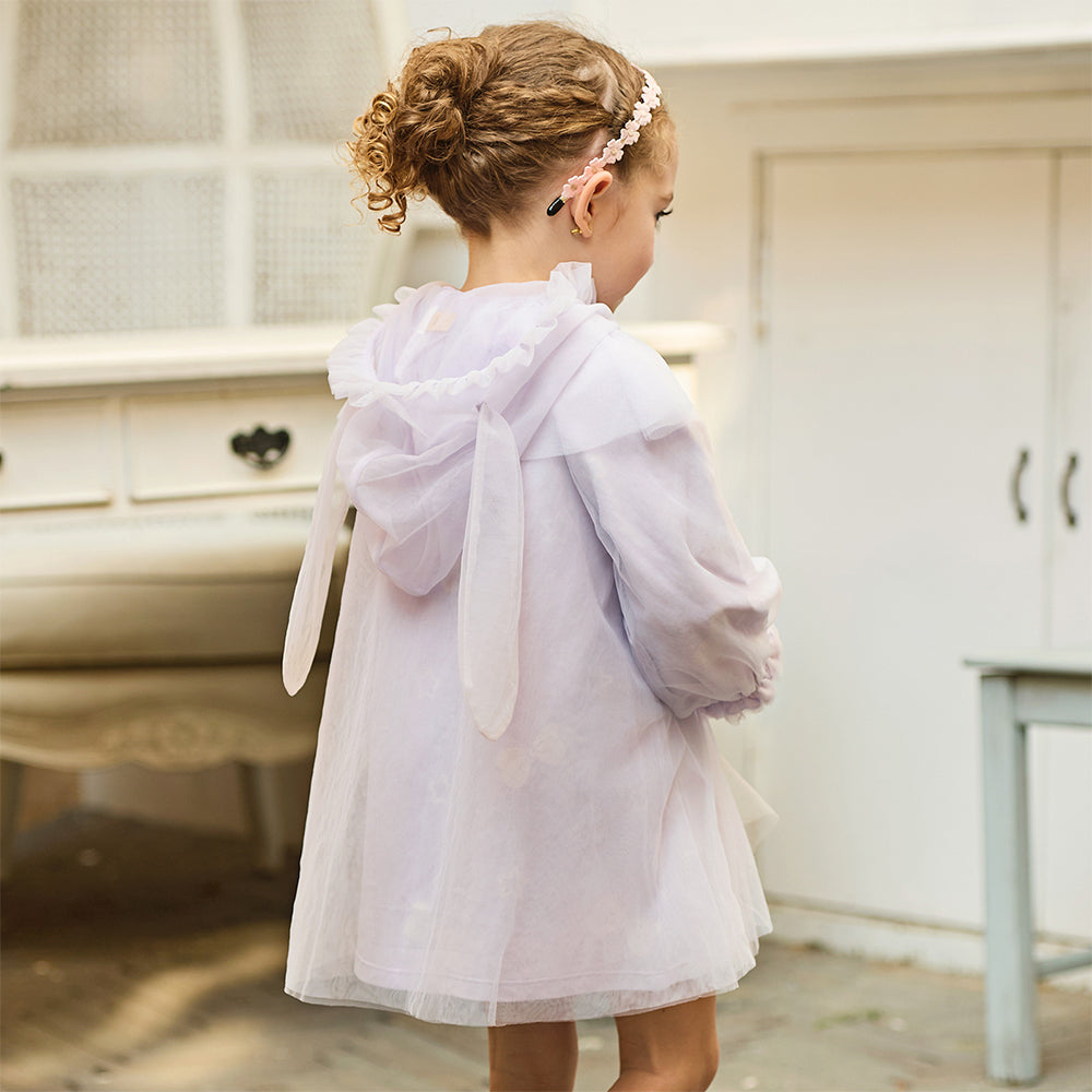 فستان تول بنفسجي طويل الأكمام للبنات، أنيق وعصري (يشمل قبعة)