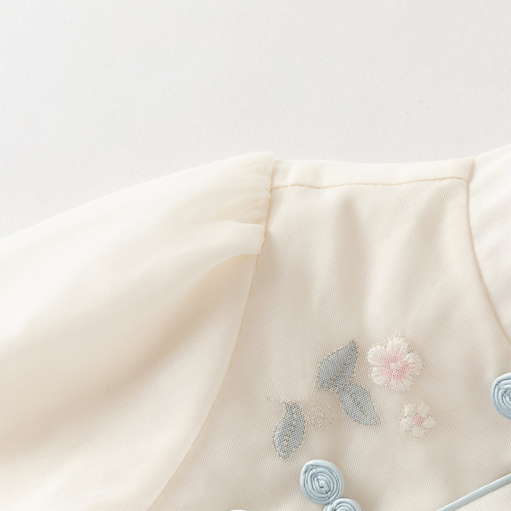 فستان بنات طويل الأكمام من التول باللون الوردي مع تطريز دقيق بأسلوب صيني عصري (يشمل زينة معلق زهرية)