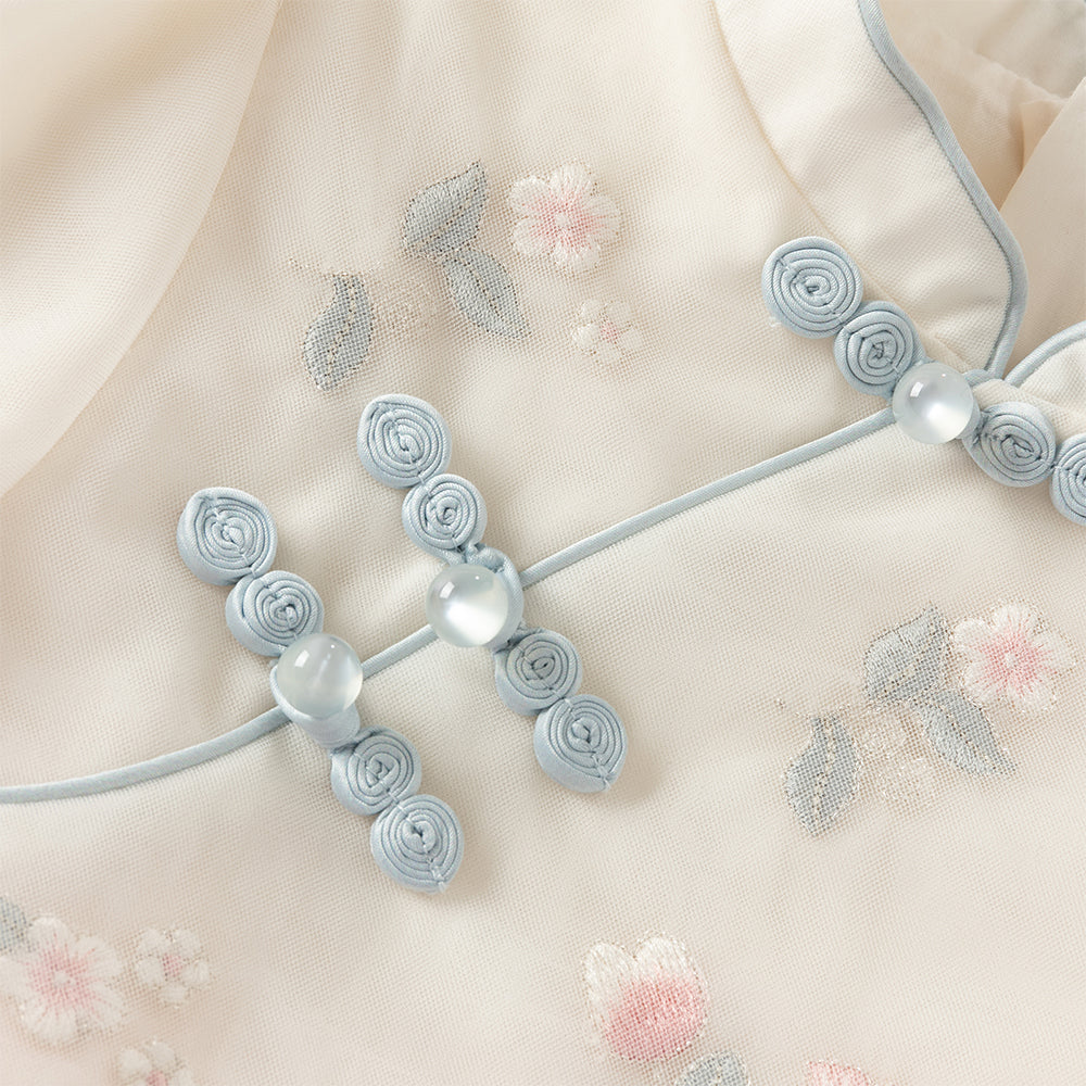 فستان بنات طويل الأكمام من التول باللون الوردي مع تطريز دقيق بأسلوب صيني عصري (يشمل زينة معلق زهرية)