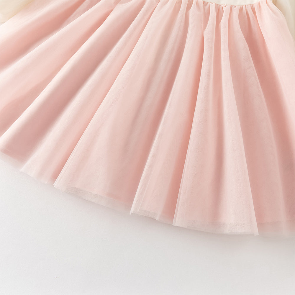 فستان بنات طويل الأكمام من التول باللون الوردي مع تطريز دقيق بأسلوب صيني عصري (يشمل زينة معلق زهرية)