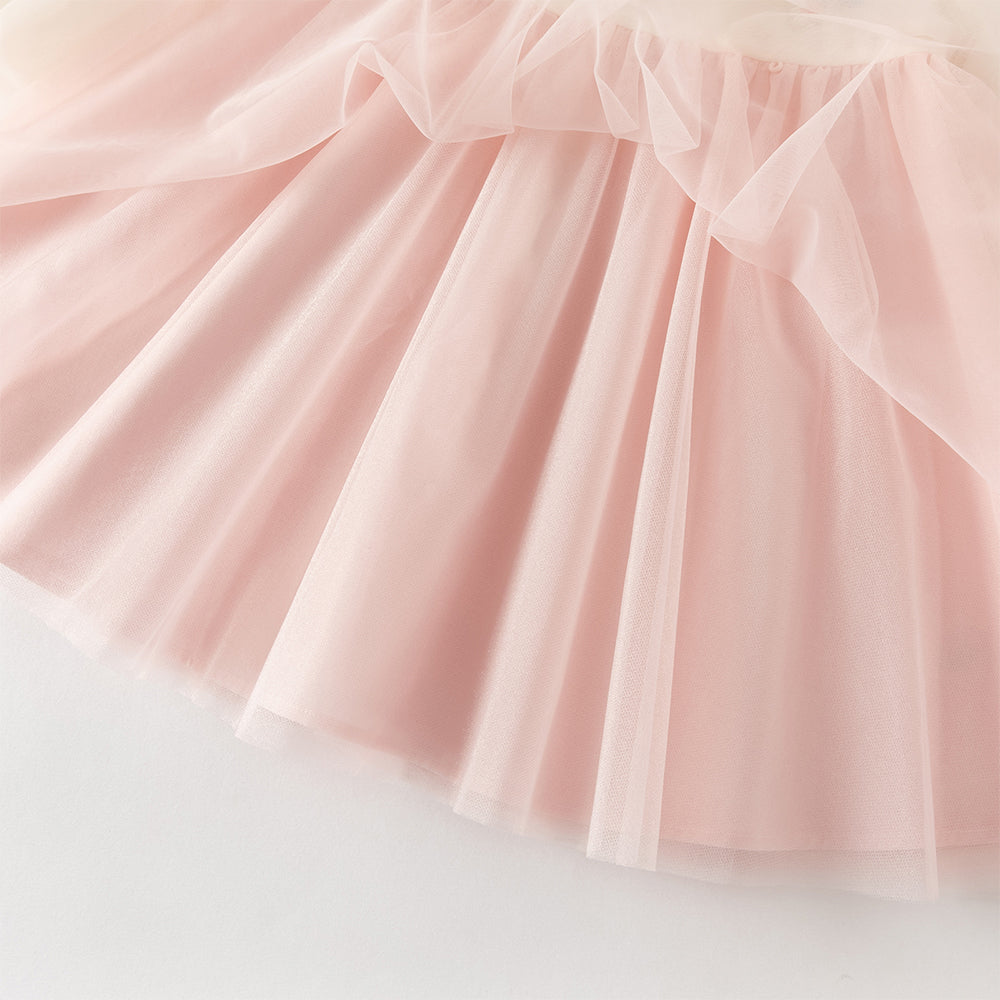 فستان بنات طويل الأكمام من التول باللون الوردي مع تطريز دقيق بأسلوب صيني عصري (يشمل زينة معلق زهرية)