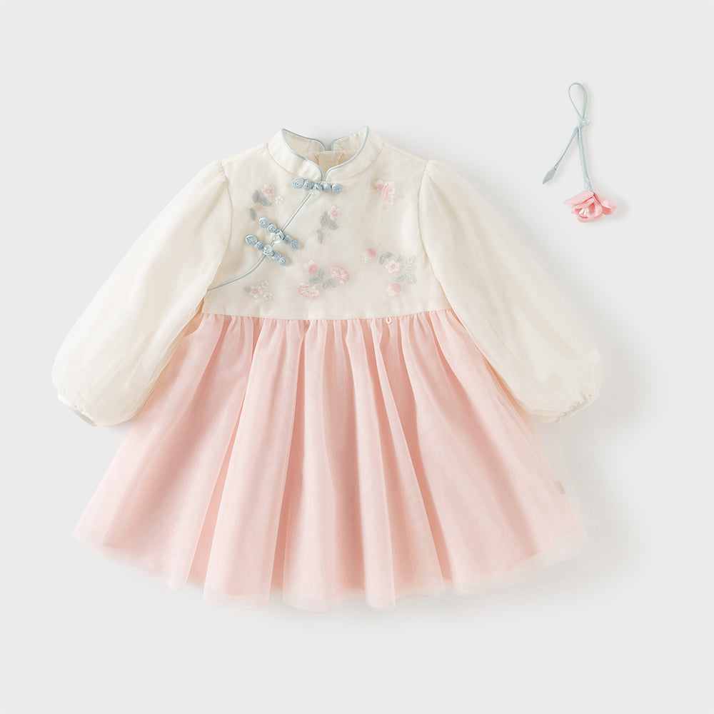 فستان بنات طويل الأكمام من التول باللون الوردي مع تطريز دقيق بأسلوب صيني عصري (يشمل زينة معلق زهرية)