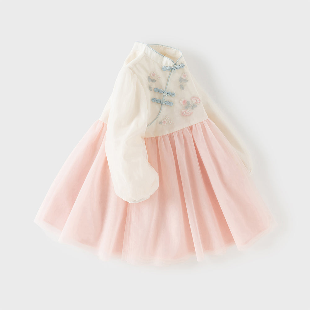 فستان بنات طويل الأكمام من التول باللون الوردي مع تطريز دقيق بأسلوب صيني عصري (يشمل زينة معلق زهرية)