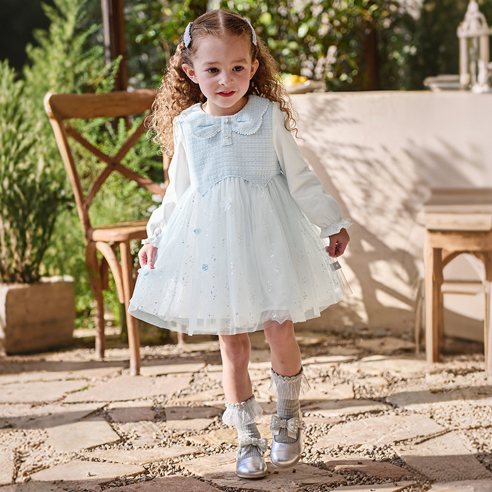 فستان بنات صغير من التويد والتول الأزرق السماوي - فستان أميرة بتفاصيل لامعة