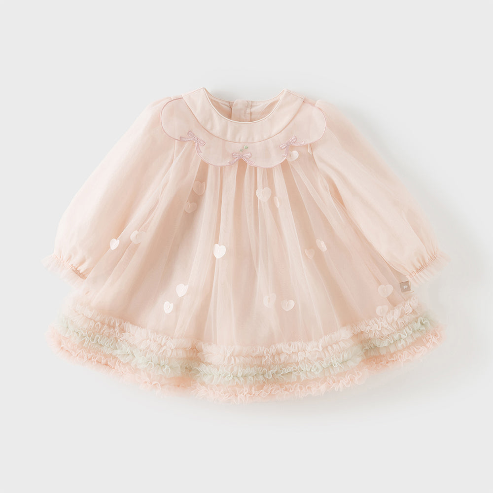 فستان بنات طويل الأكمام وردي من التول بأسلوب أميرة