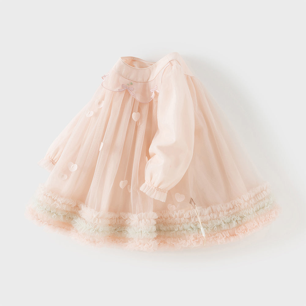 فستان بنات طويل الأكمام وردي من التول بأسلوب أميرة