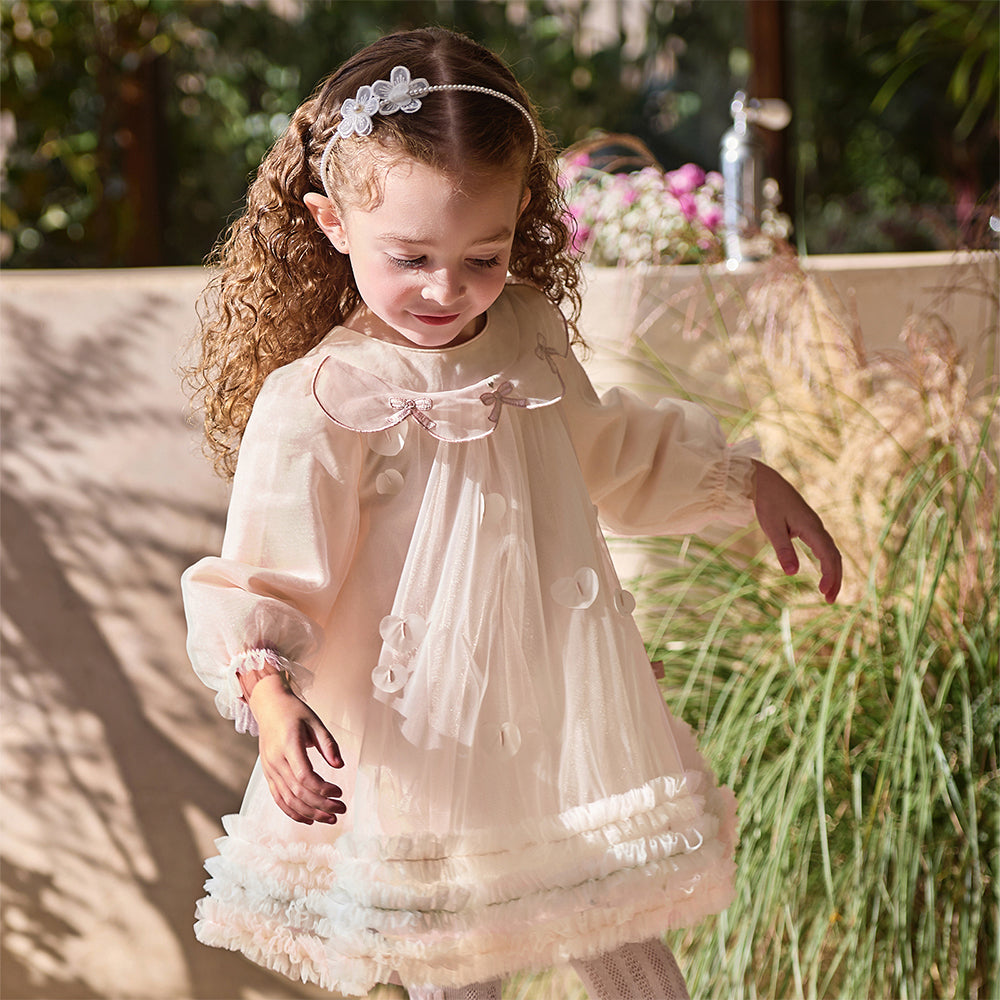 فستان بنات طويل الأكمام وردي من التول بأسلوب أميرة