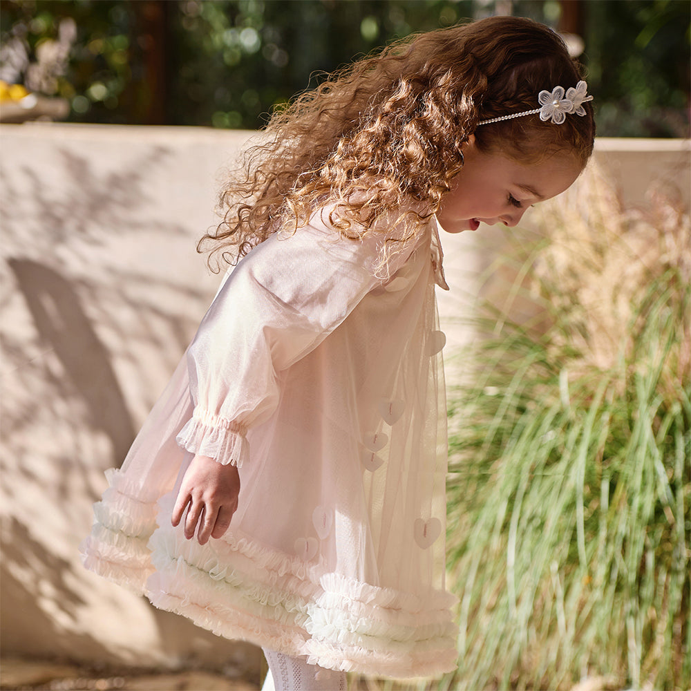 فستان بنات طويل الأكمام وردي من التول بأسلوب أميرة