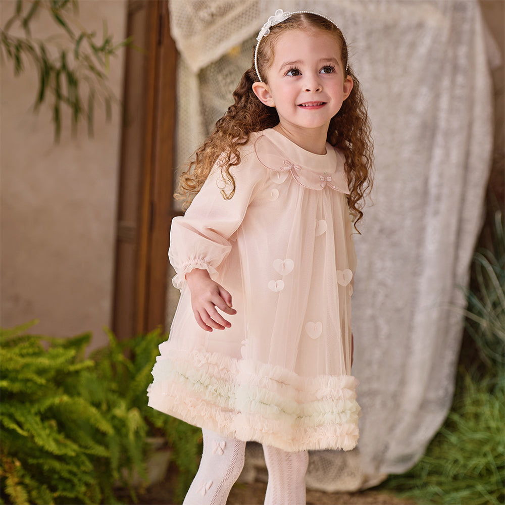 فستان بنات طويل الأكمام وردي من التول بأسلوب أميرة