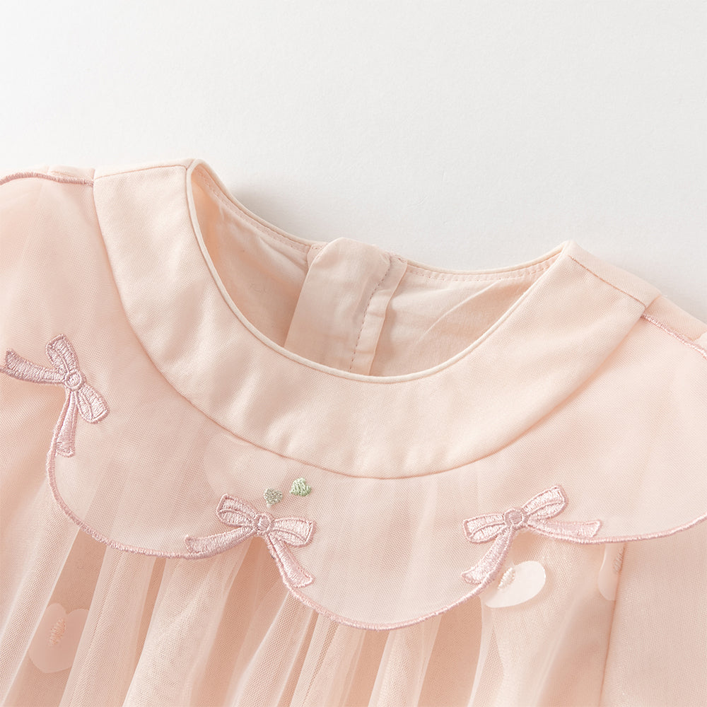 فستان بنات طويل الأكمام وردي من التول بأسلوب أميرة