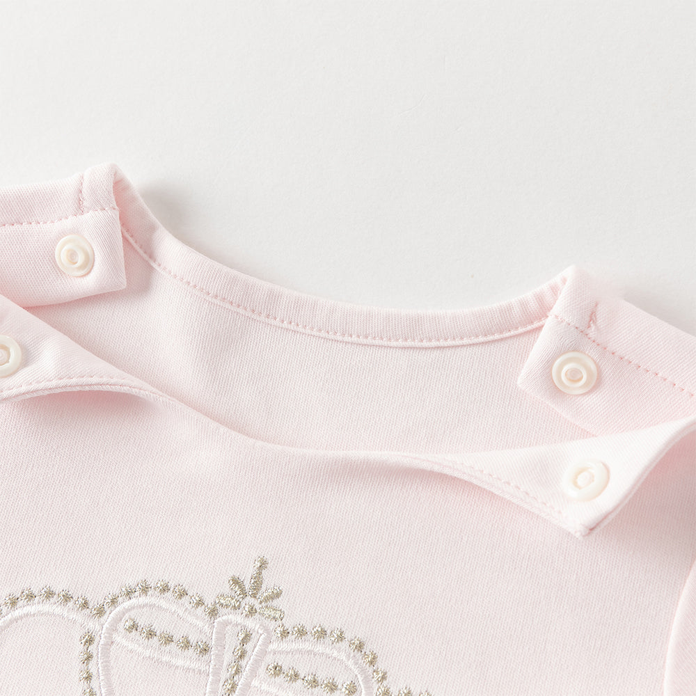 رومبر أميرة للرضيعات باللون الوردي الفاتح – بدلة قطنية مع تنورة تول وتطريز تاج