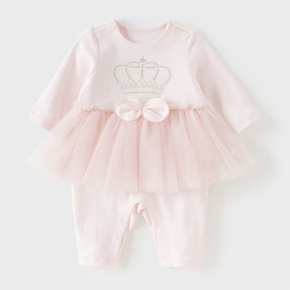 رومبر أميرة للرضيعات باللون الوردي الفاتح – بدلة قطنية مع تنورة تول وتطريز تاج