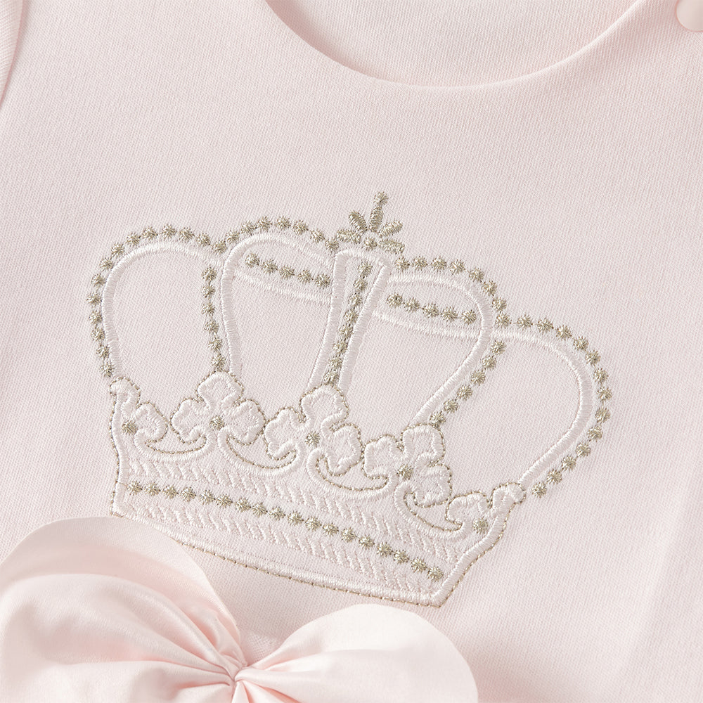 رومبر أميرة للرضيعات باللون الوردي الفاتح – بدلة قطنية مع تنورة تول وتطريز تاج