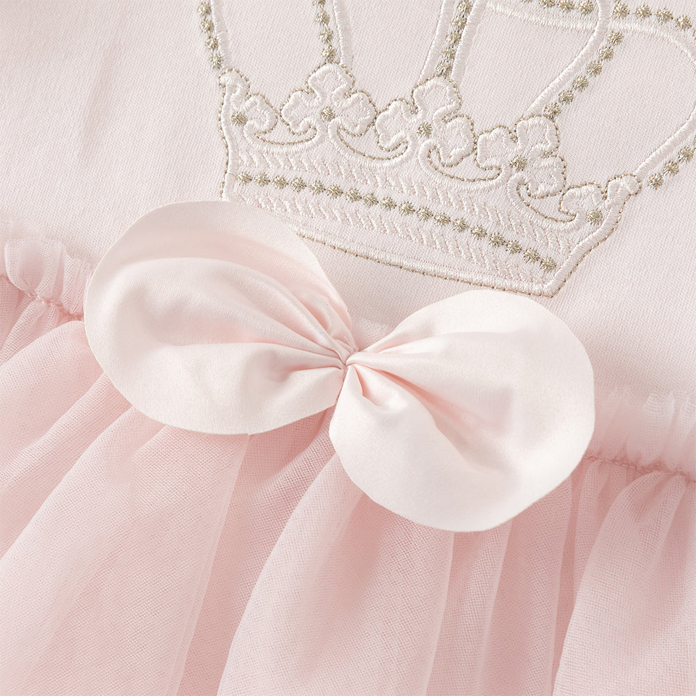 رومبر أميرة للرضيعات باللون الوردي الفاتح – بدلة قطنية مع تنورة تول وتطريز تاج