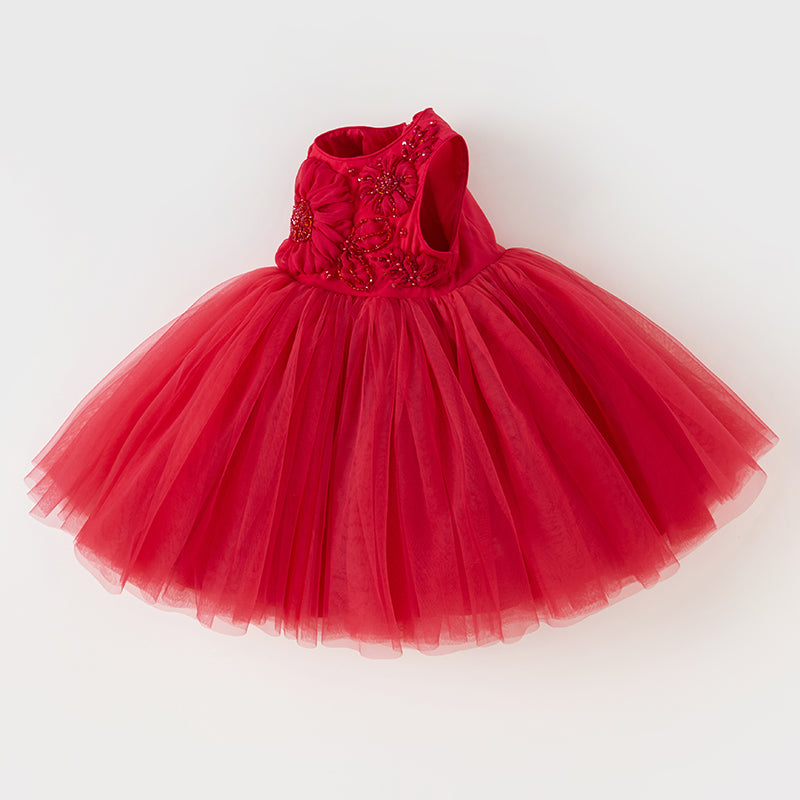 فستان بنات صيفي من التول باللون الأحمر تصميم أميري فاخر