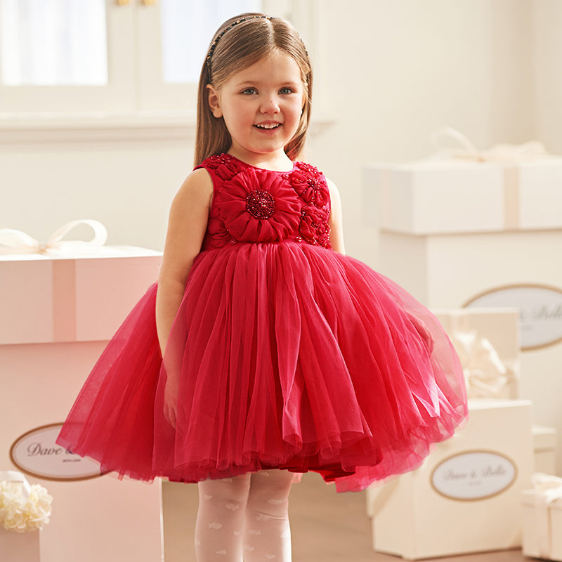 فستان بنات صيفي من التول باللون الأحمر تصميم أميري فاخر