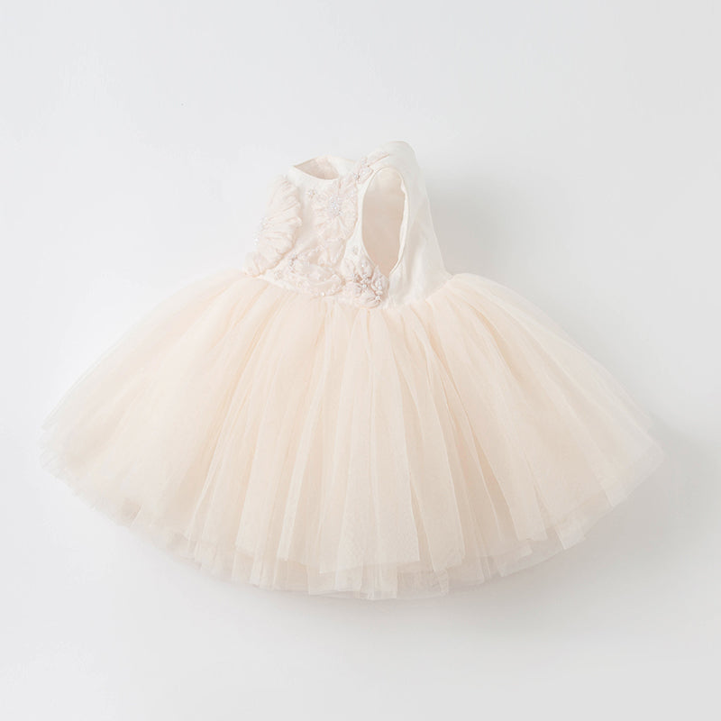 فستان أميرة شبكي بدون أكمام بلون وردي فاتح لحمي للفتيات الصغيرات