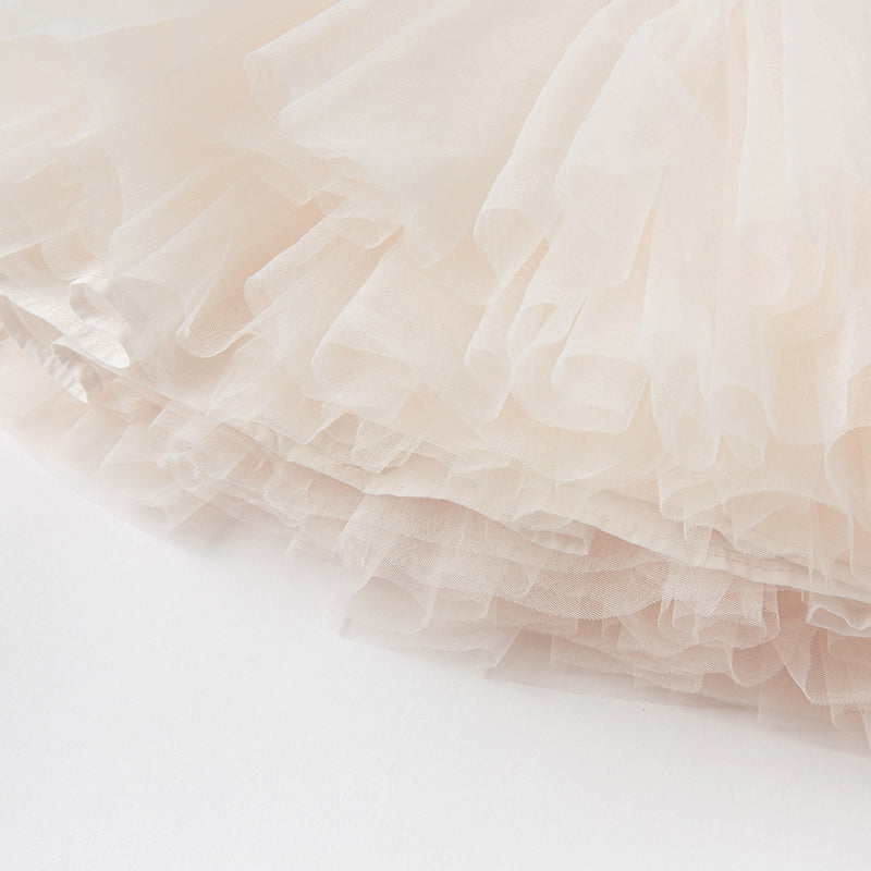 فستان أميرة شبكي بدون أكمام بلون وردي فاتح لحمي للفتيات الصغيرات