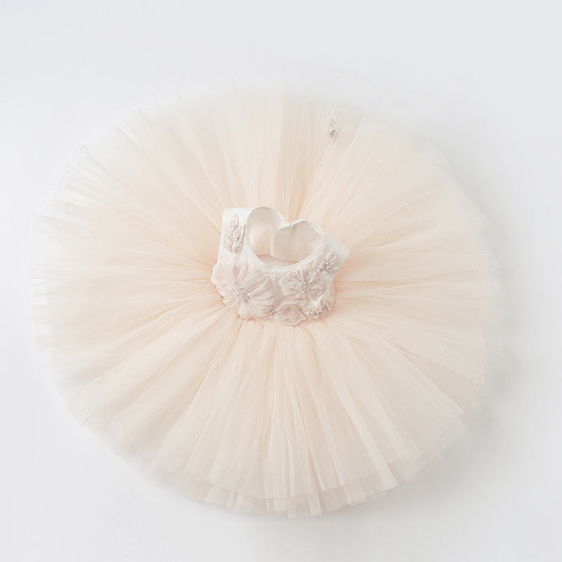 فستان أميرة شبكي بدون أكمام بلون وردي فاتح لحمي للفتيات الصغيرات