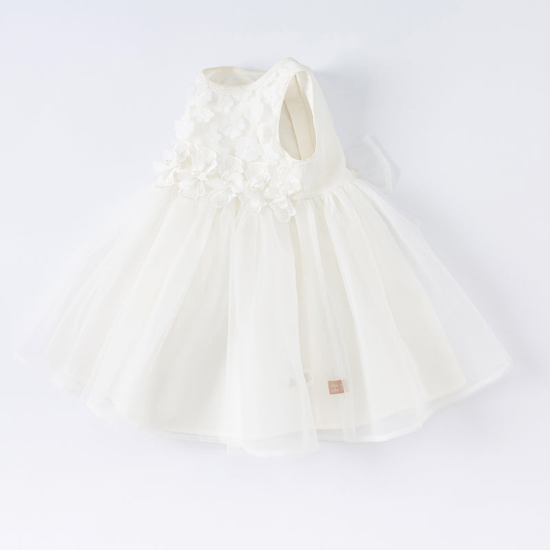 فستان صيفي للفتيات الصغيرات باللون الأبيض بدون أكمام من قماش شبكي على طراز الأميرة