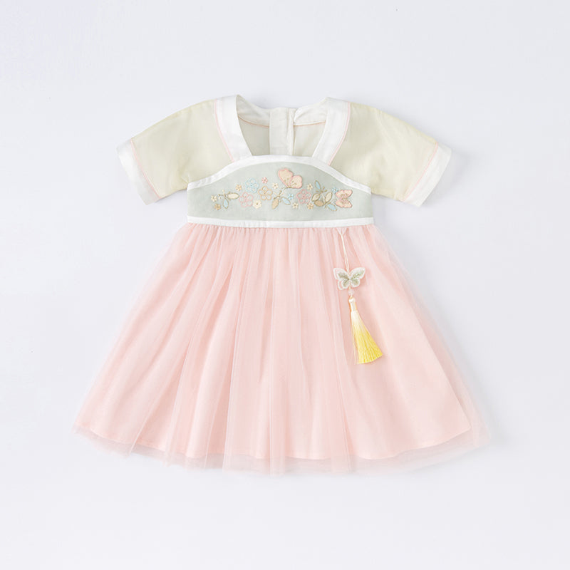 فستان بنات صيفي باللون الوردي من التول بأسلوب صيني عصري (يشمل زينة تدلي من الخيوط الصينية)