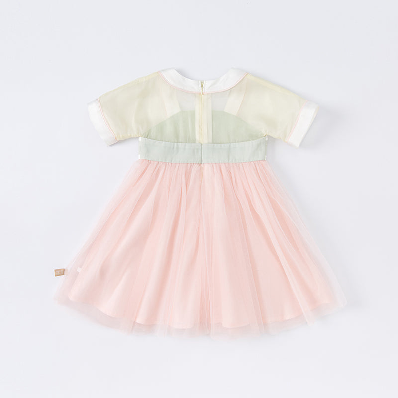 فستان بنات صيفي باللون الوردي من التول بأسلوب صيني عصري (يشمل زينة تدلي من الخيوط الصينية)