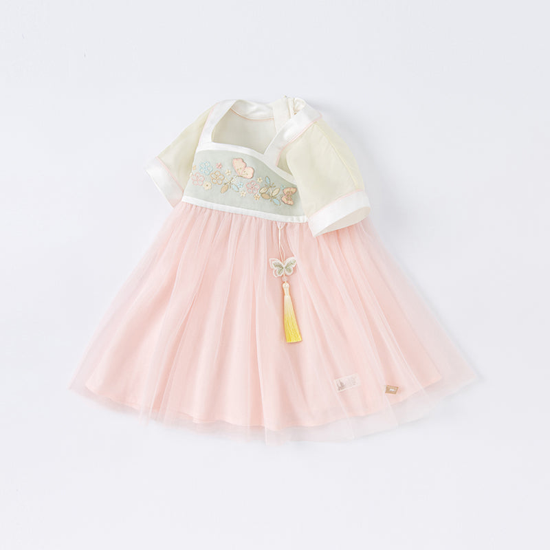 فستان بنات صيفي باللون الوردي من التول بأسلوب صيني عصري (يشمل زينة تدلي من الخيوط الصينية)