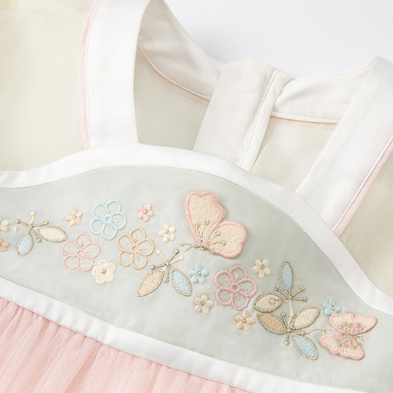 فستان بنات صيفي باللون الوردي من التول بأسلوب صيني عصري (يشمل زينة تدلي من الخيوط الصينية)