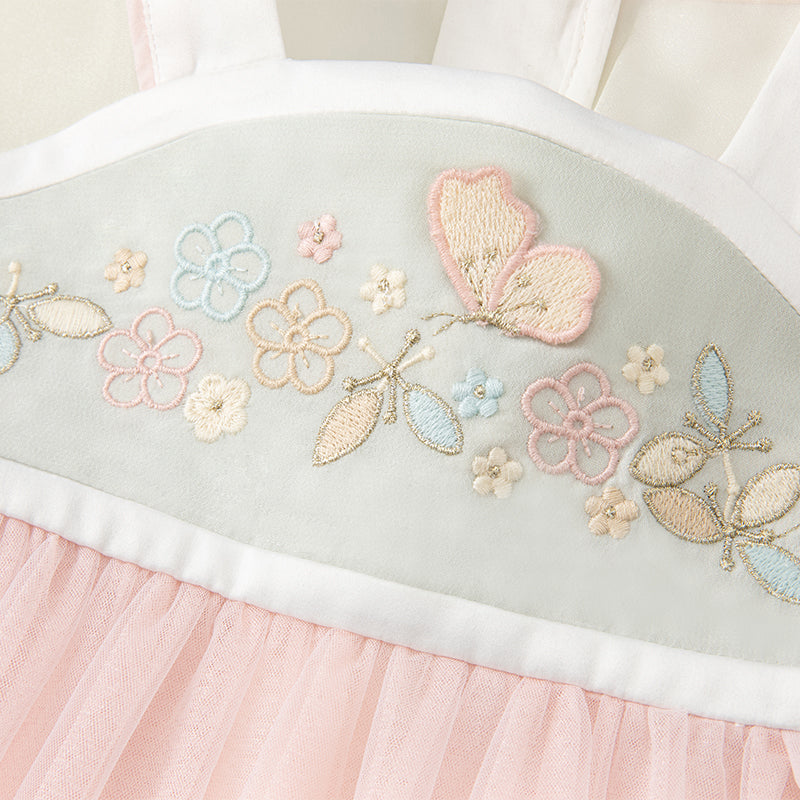 فستان بنات صيفي باللون الوردي من التول بأسلوب صيني عصري (يشمل زينة تدلي من الخيوط الصينية)