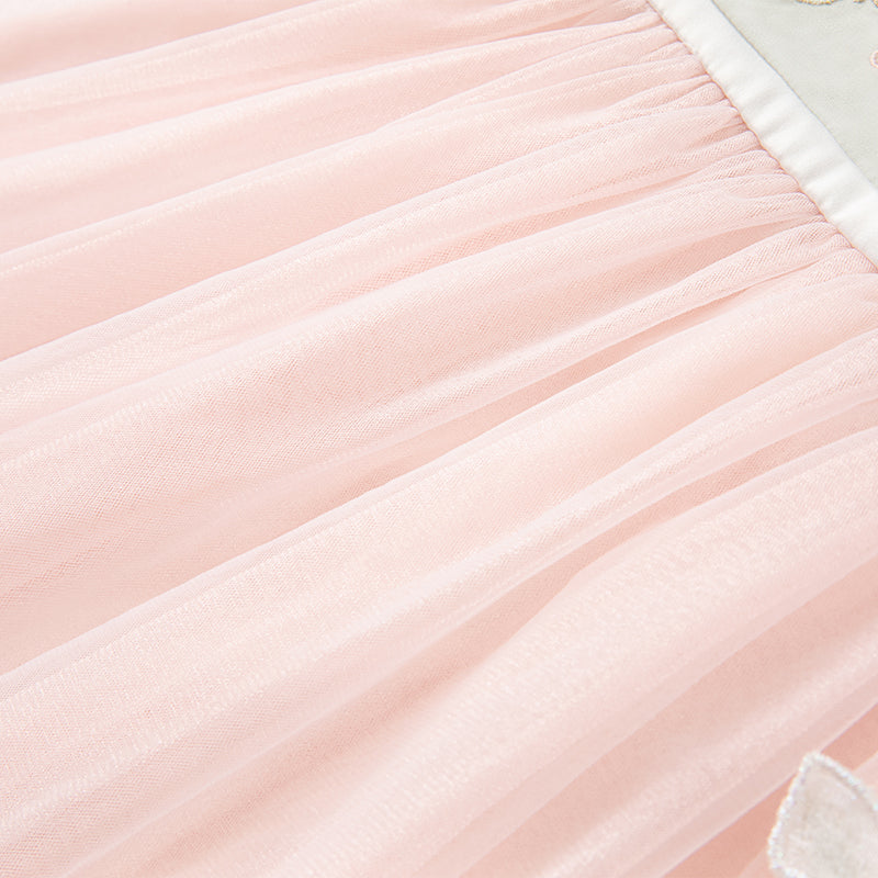 فستان بنات صيفي باللون الوردي من التول بأسلوب صيني عصري (يشمل زينة تدلي من الخيوط الصينية)