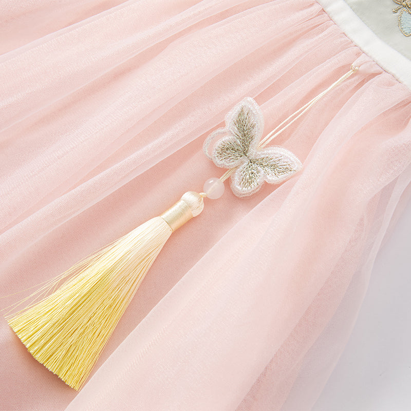 فستان بنات صيفي باللون الوردي من التول بأسلوب صيني عصري (يشمل زينة تدلي من الخيوط الصينية)