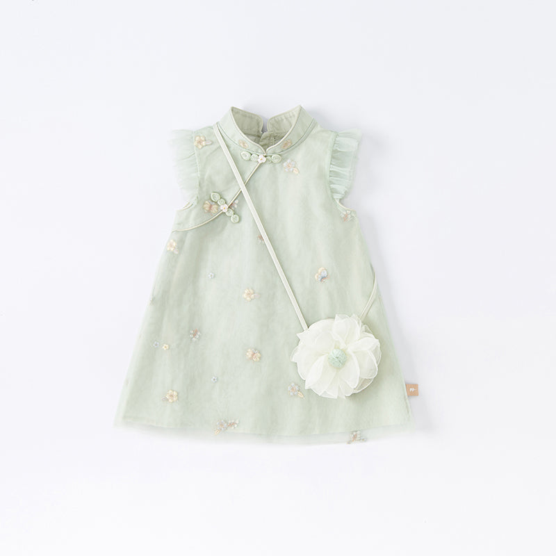 فستان صيفي للفتيات باللون الأخضر مزخرف بالزهور بتصميم حرف A بدون أكمام (يشمل حقيبة عابرة للكتف)