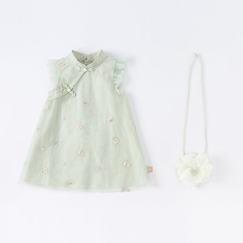 فستان صيفي للفتيات باللون الأخضر مزخرف بالزهور بتصميم حرف A بدون أكمام (يشمل حقيبة عابرة للكتف)