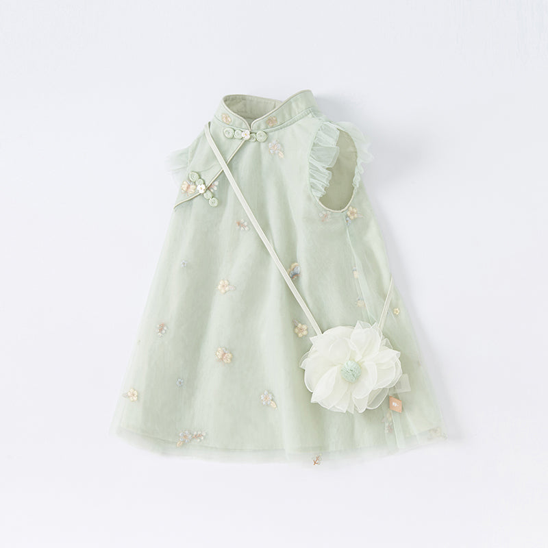 فستان صيفي للفتيات باللون الأخضر مزخرف بالزهور بتصميم حرف A بدون أكمام (يشمل حقيبة عابرة للكتف)