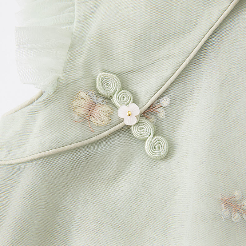 فستان صيفي للفتيات باللون الأخضر مزخرف بالزهور بتصميم حرف A بدون أكمام (يشمل حقيبة عابرة للكتف)