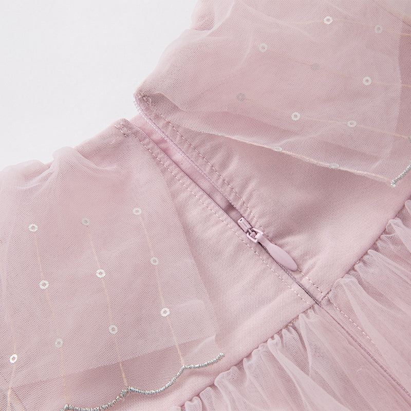 فستان بنات صيفي من التول بالبنفسجي الفاتح بأسلوب أميرة بتنورة متعددة الطبقات